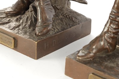 Lot 735 - AFTER ETIENNE-HENRI DUMAIGE. A LARGE PAIR OF LATE 19TH CENTURY FRENCH PATINATED BRONZE MILITARY FIGURES