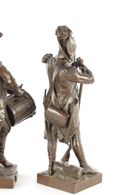 Lot 735 - AFTER ETIENNE-HENRI DUMAIGE. A LARGE PAIR OF LATE 19TH CENTURY FRENCH PATINATED BRONZE MILITARY FIGURES