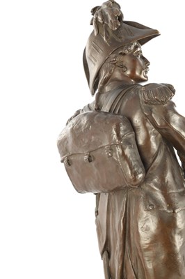 Lot 735 - AFTER ETIENNE-HENRI DUMAIGE. A LARGE PAIR OF LATE 19TH CENTURY FRENCH PATINATED BRONZE MILITARY FIGURES