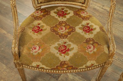 Lot 1283 - A PAIR OF LATE 18TH CENTURY ENGLISH PAINTED AND PARCEL GILT UPHOLSTERED CHAIRS