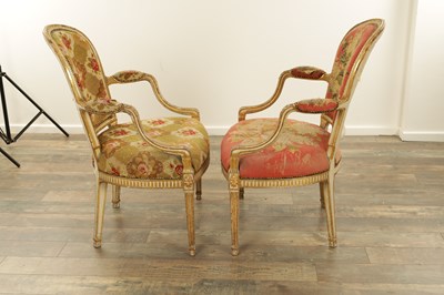 Lot 1283 - A PAIR OF LATE 18TH CENTURY ENGLISH PAINTED AND PARCEL GILT UPHOLSTERED CHAIRS