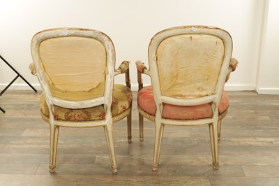 Lot 1283 - A PAIR OF LATE 18TH CENTURY ENGLISH PAINTED AND PARCEL GILT UPHOLSTERED CHAIRS