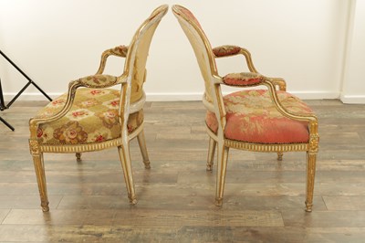 Lot 1283 - A PAIR OF LATE 18TH CENTURY ENGLISH PAINTED AND PARCEL GILT UPHOLSTERED CHAIRS