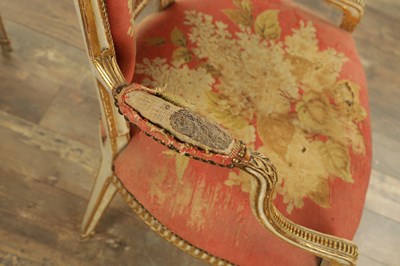 Lot 1283 - A PAIR OF LATE 18TH CENTURY ENGLISH PAINTED AND PARCEL GILT UPHOLSTERED CHAIRS