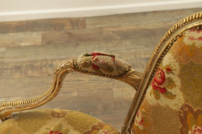 Lot 1283 - A PAIR OF LATE 18TH CENTURY ENGLISH PAINTED AND PARCEL GILT UPHOLSTERED CHAIRS