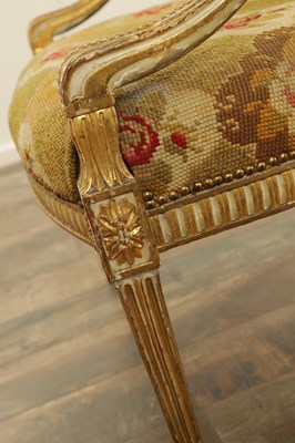 Lot 1283 - A PAIR OF LATE 18TH CENTURY ENGLISH PAINTED AND PARCEL GILT UPHOLSTERED CHAIRS