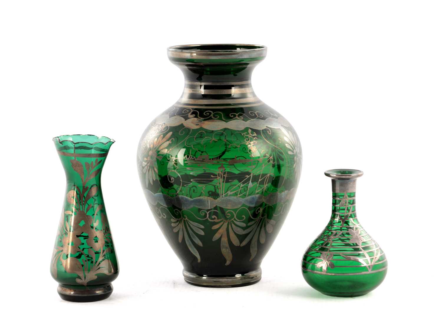 Lot 31 - THREE 20TH CENTURY GREEN GLASS VASES