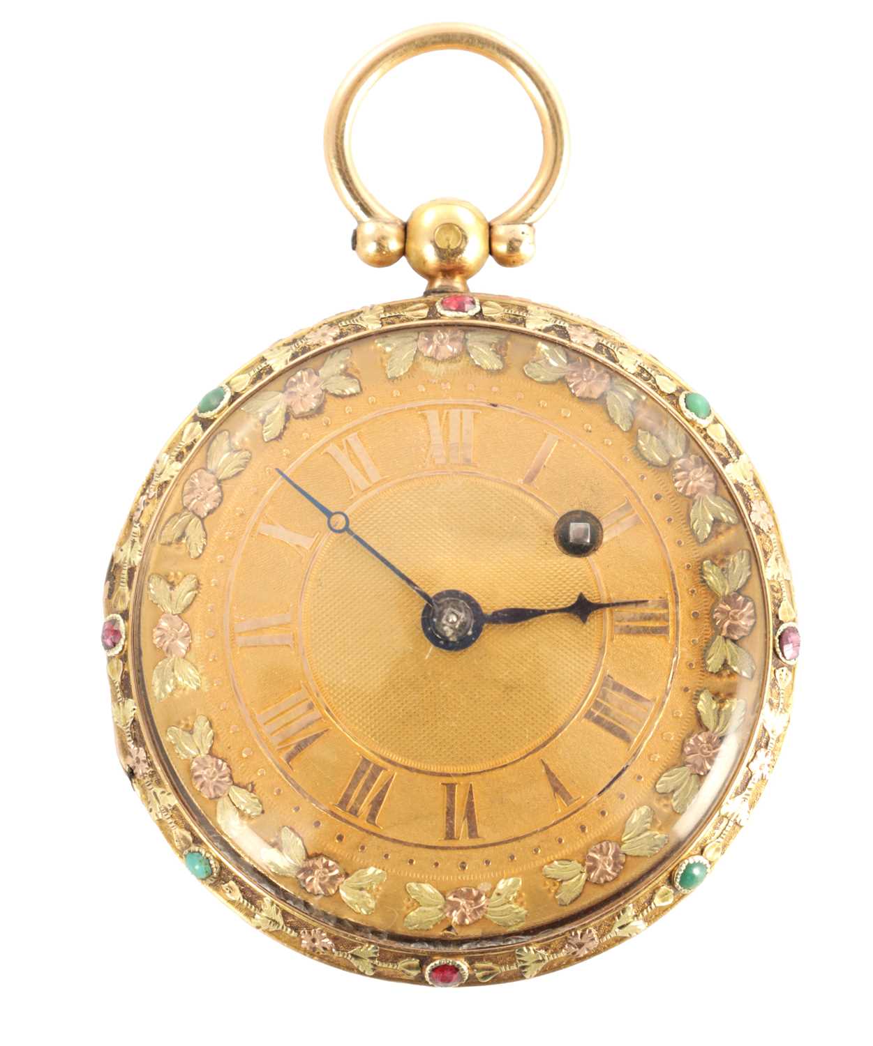 Lot 1441 - GAULIN, PARIS. AN EARLY 19TH FRENCH TRI-COLOURED 18CT GOLD JEWEL MOUNTED POCKET WATCH