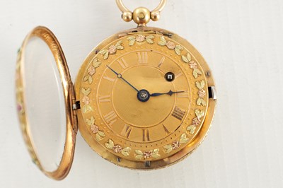 Lot 1441 - GAULIN, PARIS. AN EARLY 19TH FRENCH TRI-COLOURED 18CT GOLD JEWEL MOUNTED POCKET WATCH