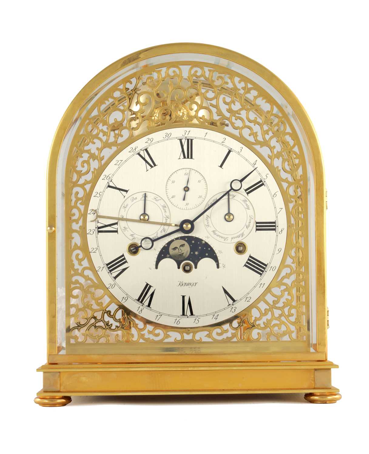 Lot 1628 - A 20TH CENTURY KIENINGER GOLD PLATED MOONPHASE TABLE CLOCK