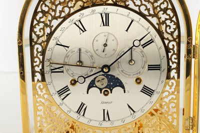 Lot 1628 - A 20TH CENTURY KIENINGER GOLD PLATED MOONPHASE TABLE CLOCK