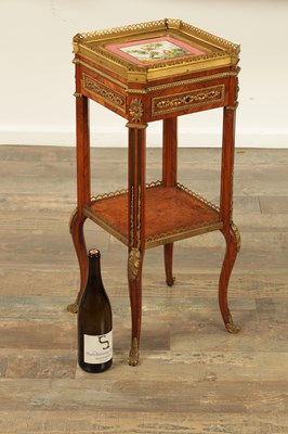 Lot 1171 - A GOOD 19TH CENTURY FRENCH KINGWOOD AND ORMOLU MOUNTED LAMP TABLE WITH INSET SEVRES PORCELAIN PANELLED TOP