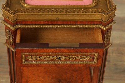 Lot 1171 - A GOOD 19TH CENTURY FRENCH KINGWOOD AND ORMOLU MOUNTED LAMP TABLE WITH INSET SEVRES PORCELAIN PANELLED TOP