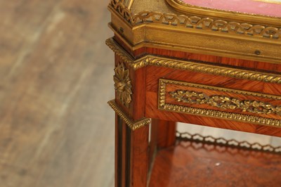 Lot 1171 - A GOOD 19TH CENTURY FRENCH KINGWOOD AND ORMOLU MOUNTED LAMP TABLE WITH INSET SEVRES PORCELAIN PANELLED TOP