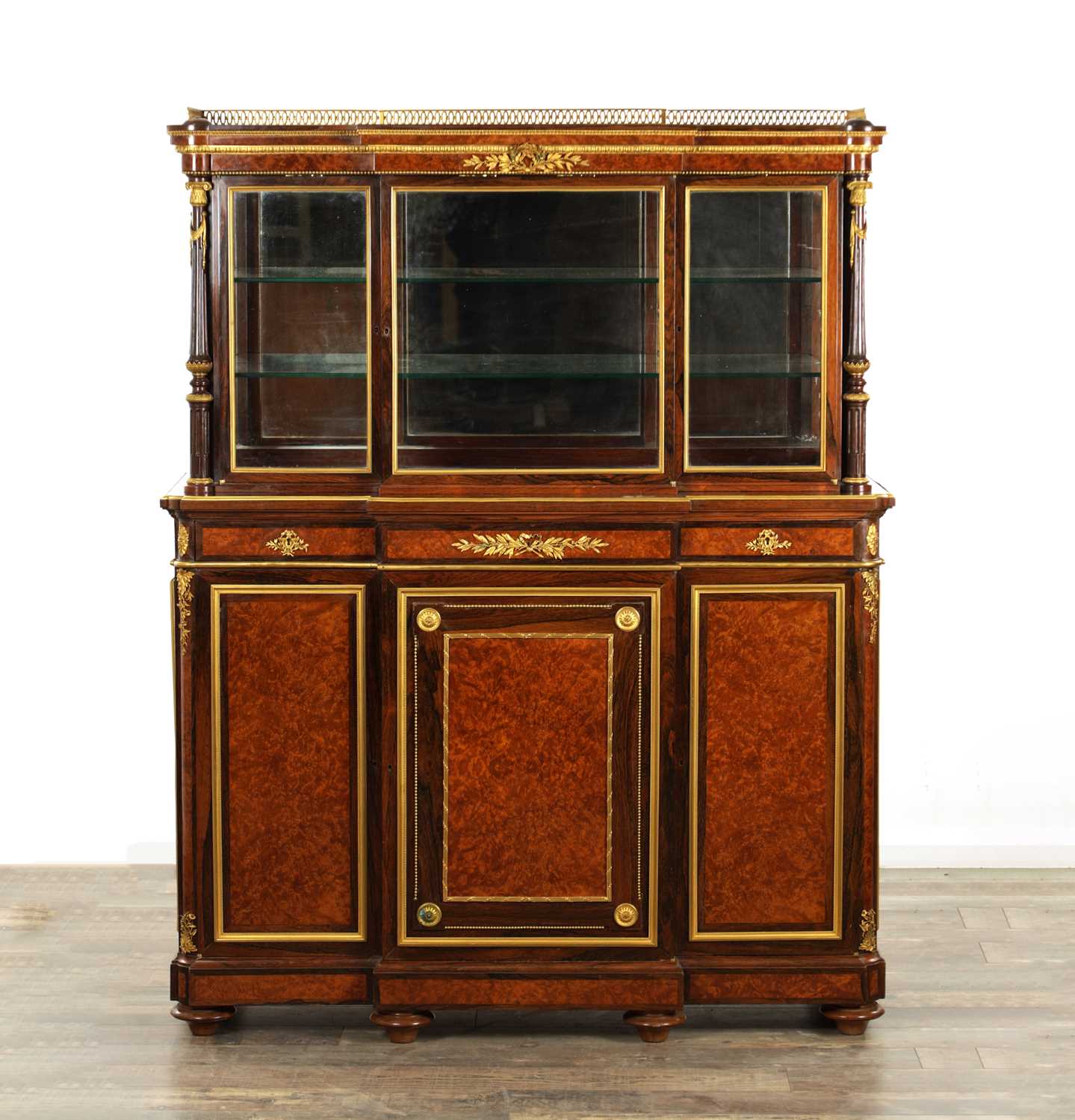 Lot 1352 - GUILLAUME GROHE. (1808-1885) A FINE 19TH CENTURY FRENCH ORMOLU MOUNTED ROSEWOOD AND AMBOYNA SECRETAIRE DISPLAY CABINET