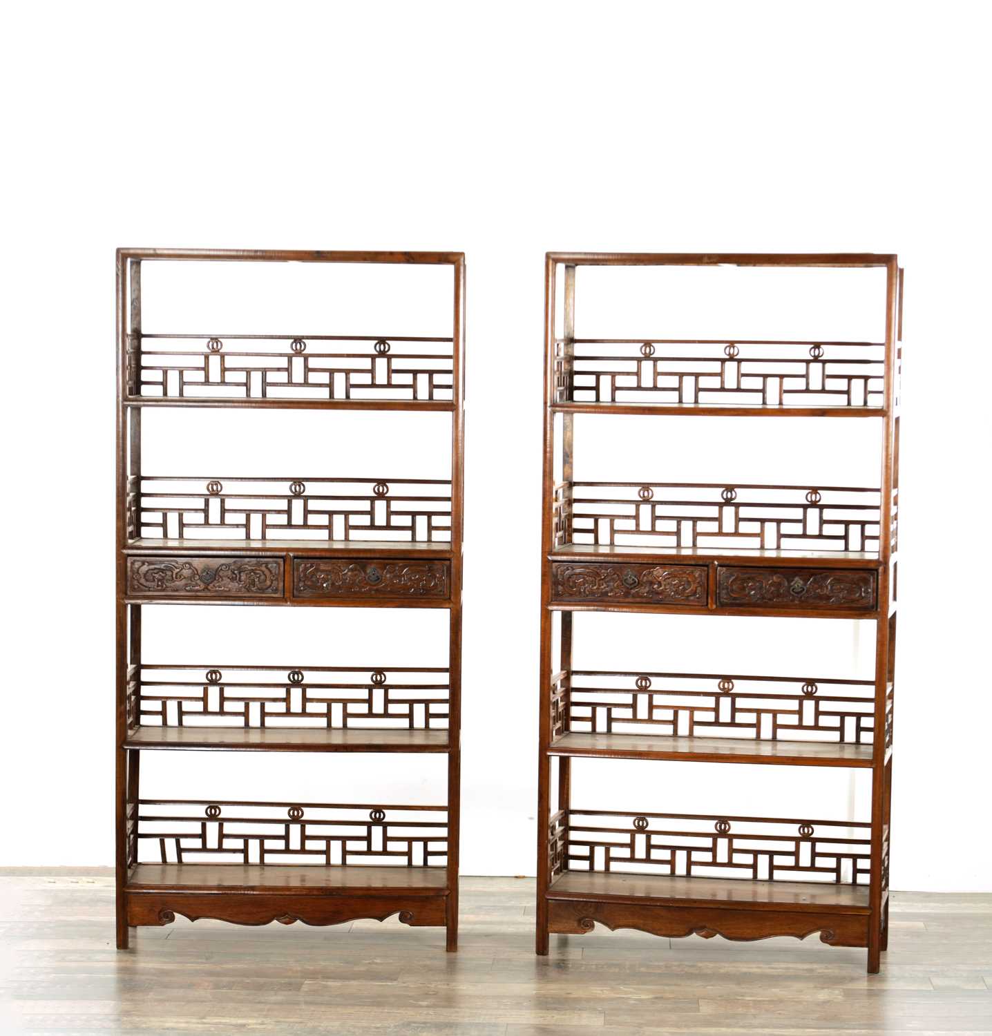 Lot 320 - A PAIR OF CHINESE HARDWOOD DISPLAY CABINETS