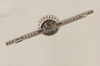 Lot 548 - A PLATINUM, DIAMOND, SAPPHIRE AND PEARL BAR BROOCH
