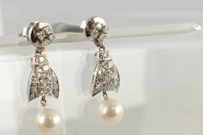 Lot 560 - A PAIR OF 18CT WHITE GOLD, DIAMOND AND PEARL PENDANT EARRINGS