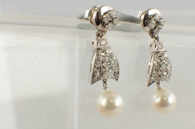 Lot 560 - A PAIR OF 18CT WHITE GOLD, DIAMOND AND PEARL PENDANT EARRINGS