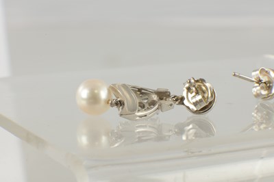 Lot 560 - A PAIR OF 18CT WHITE GOLD, DIAMOND AND PEARL PENDANT EARRINGS