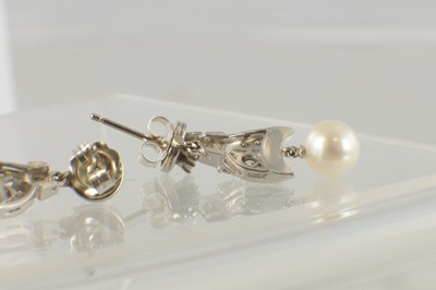 Lot 560 - A PAIR OF 18CT WHITE GOLD, DIAMOND AND PEARL PENDANT EARRINGS