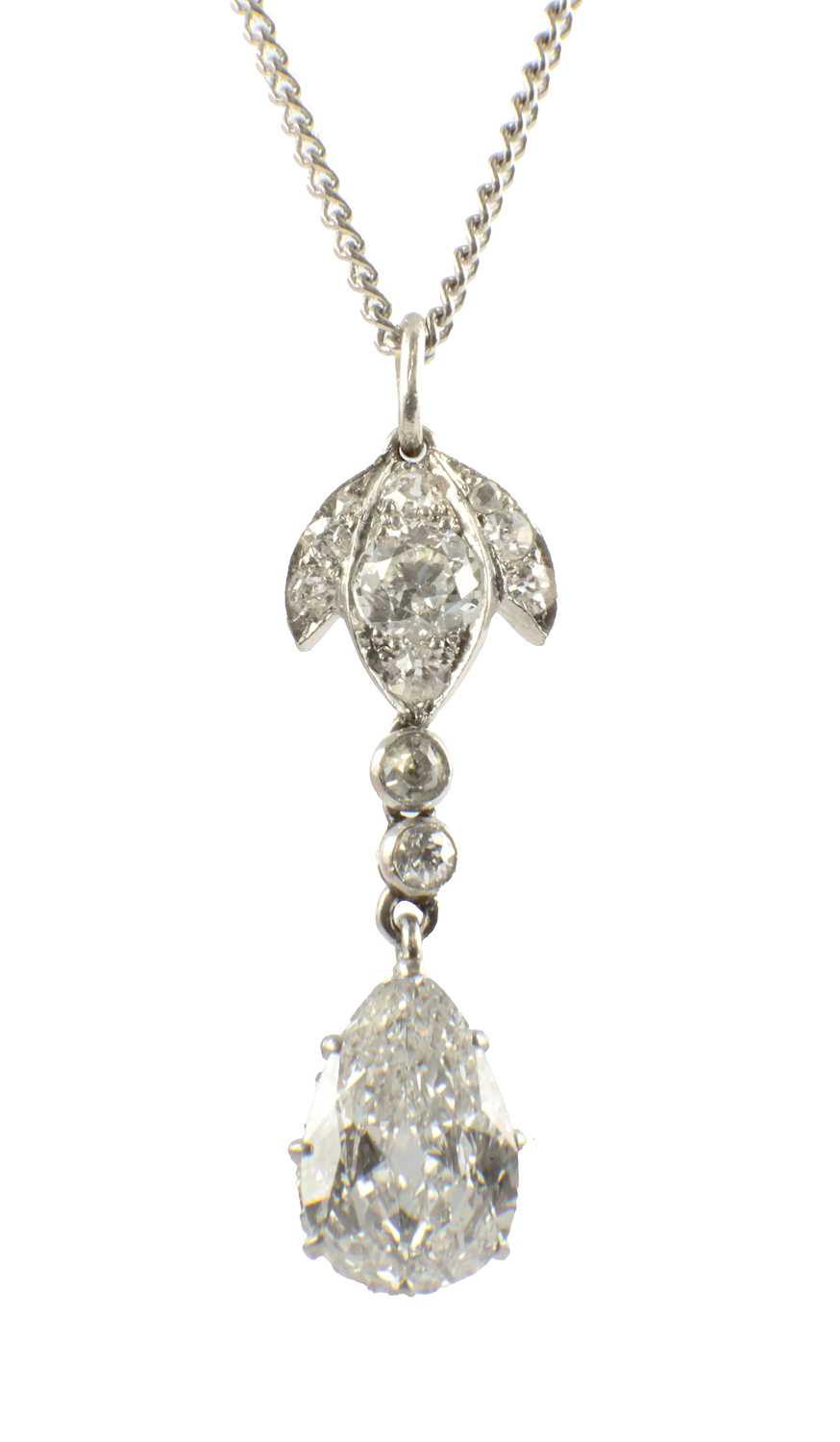 Lot 600 - A PLATINUM AND DIAMOND PEAR-SHAPED PENDANT NECKLACE