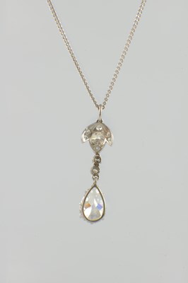 Lot 600 - A PLATINUM AND DIAMOND PEAR-SHAPED PENDANT NECKLACE