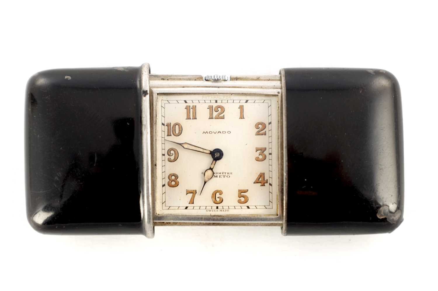 Lot 1427 - AN EARLY 20TH CENTURY SWISS MOVADO ERMETO SILVER ENAMEL TRAVEL WATCH