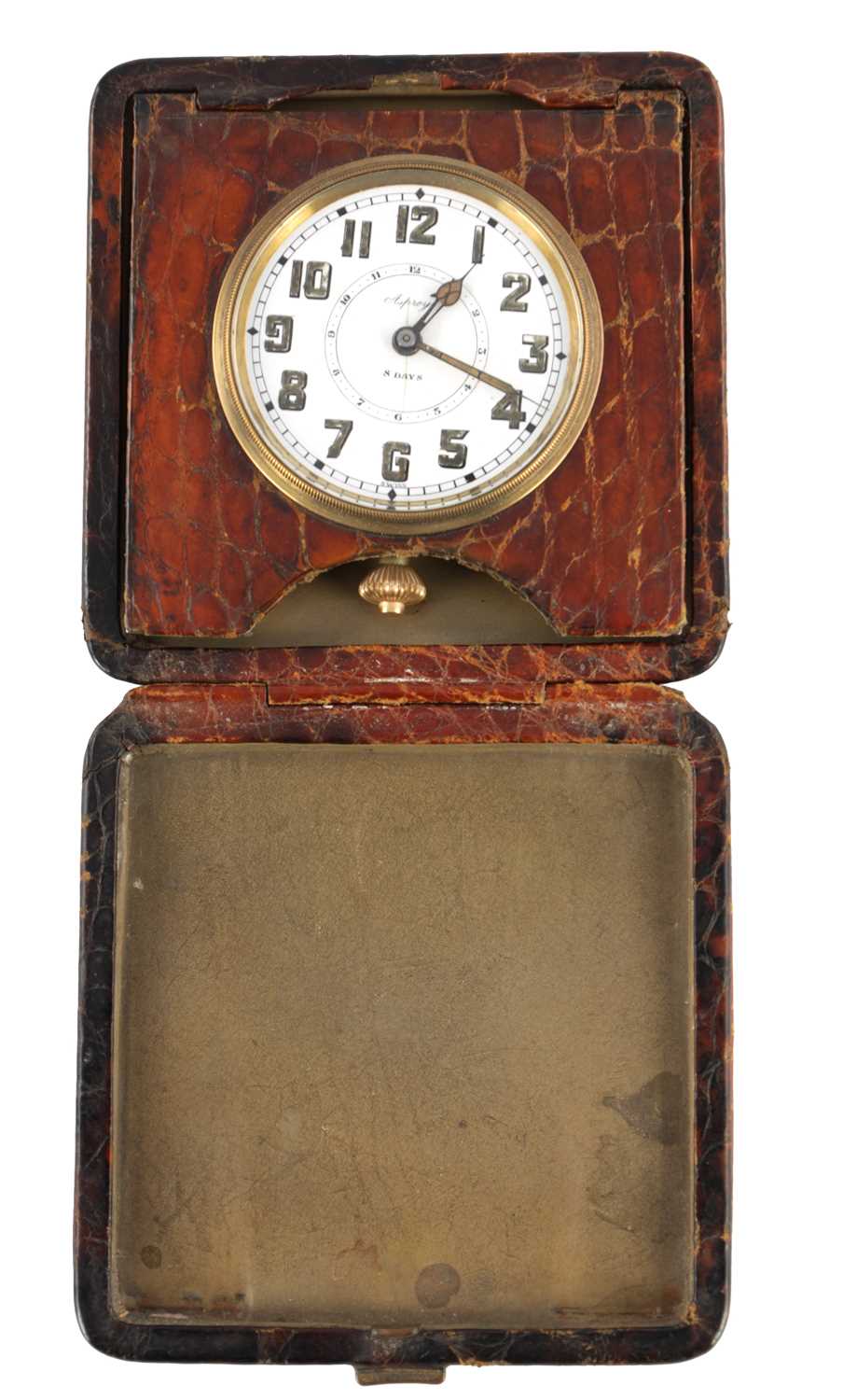 Lot 1409 - AN EARLY 20TH CENTURY CROCODILE SKIN ASPREY TRAVELING ALARM CLOCK