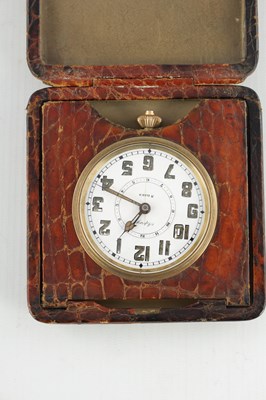 Lot 1409 - AN EARLY 20TH CENTURY CROCODILE SKIN ASPREY TRAVELING ALARM CLOCK
