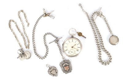 Lot 1289 - A SILVER OPEN FACED FUSEE POCKET WATCH WITH THREE WATCH CHAINS AND VARIOUS FOBS