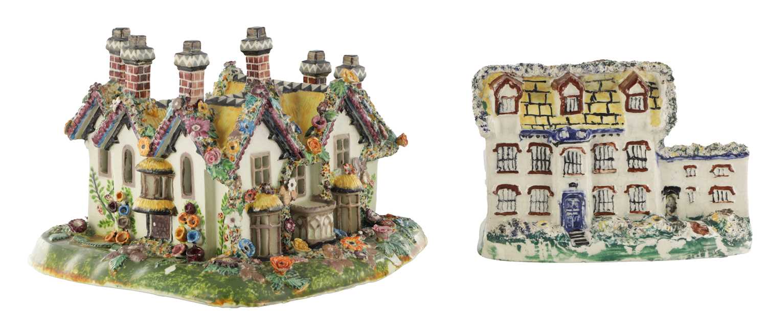 Lot 96 - A 19TH CENTURY STAFFORDSHIRE PORCELAIN "COTTAGE ORNEE" PASTILLE BURNER, AND A LEEDSWARE FLATBACK HOUSE