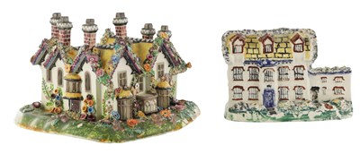 Lot 96 - A 19TH CENTURY STAFFORDSHIRE PORCELAIN "COTTAGE ORNEE" PASTILLE BURNER, AND A LEEDSWARE FLATBACK HOUSE