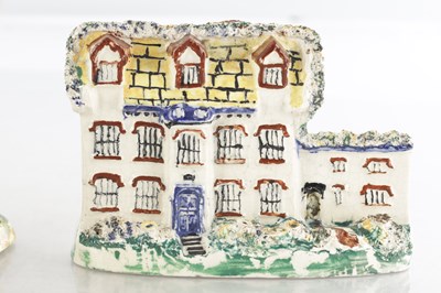 Lot 96 - A 19TH CENTURY STAFFORDSHIRE PORCELAIN "COTTAGE ORNEE" PASTILLE BURNER, AND A LEEDSWARE FLATBACK HOUSE