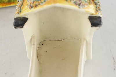 Lot 96 - A 19TH CENTURY STAFFORDSHIRE PORCELAIN "COTTAGE ORNEE" PASTILLE BURNER, AND A LEEDSWARE FLATBACK HOUSE