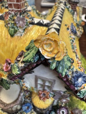 Lot 96 - A 19TH CENTURY STAFFORDSHIRE PORCELAIN "COTTAGE ORNEE" PASTILLE BURNER, AND A LEEDSWARE FLATBACK HOUSE