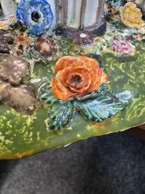 Lot 96 - A 19TH CENTURY STAFFORDSHIRE PORCELAIN "COTTAGE ORNEE" PASTILLE BURNER, AND A LEEDSWARE FLATBACK HOUSE