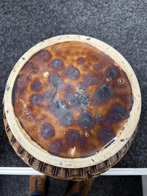 Lot 29 - A 19TH CENTURY TREACLE GLAZED MAJOLICA JARDINIERE ON STAND