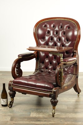 Lot 1707 - A FINE WILLIAM IV MAHOGNAY AND LEATHER BUTTON UPHOLSTERED IMPROVED RECUMBENT READING CHAIR BY R. DAWS, G.R. PATENT