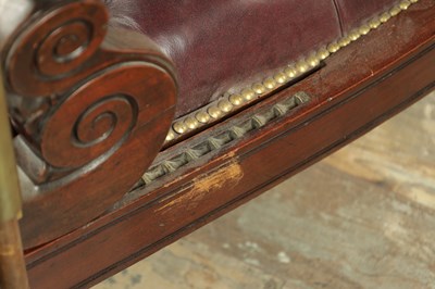 Lot 1707 - A FINE WILLIAM IV MAHOGNAY AND LEATHER BUTTON UPHOLSTERED IMPROVED RECUMBENT READING CHAIR BY R. DAWS, G.R. PATENT