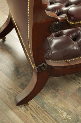 Lot 1707 - A FINE WILLIAM IV MAHOGNAY AND LEATHER BUTTON UPHOLSTERED IMPROVED RECUMBENT READING CHAIR BY R. DAWS, G.R. PATENT