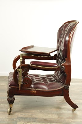 Lot 1707 - A FINE WILLIAM IV MAHOGNAY AND LEATHER BUTTON UPHOLSTERED IMPROVED RECUMBENT READING CHAIR BY R. DAWS, G.R. PATENT