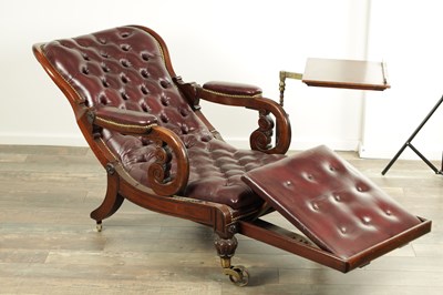 Lot 1707 - A FINE WILLIAM IV MAHOGNAY AND LEATHER BUTTON UPHOLSTERED IMPROVED RECUMBENT READING CHAIR BY R. DAWS, G.R. PATENT