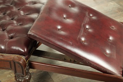 Lot 1707 - A FINE WILLIAM IV MAHOGNAY AND LEATHER BUTTON UPHOLSTERED IMPROVED RECUMBENT READING CHAIR BY R. DAWS, G.R. PATENT