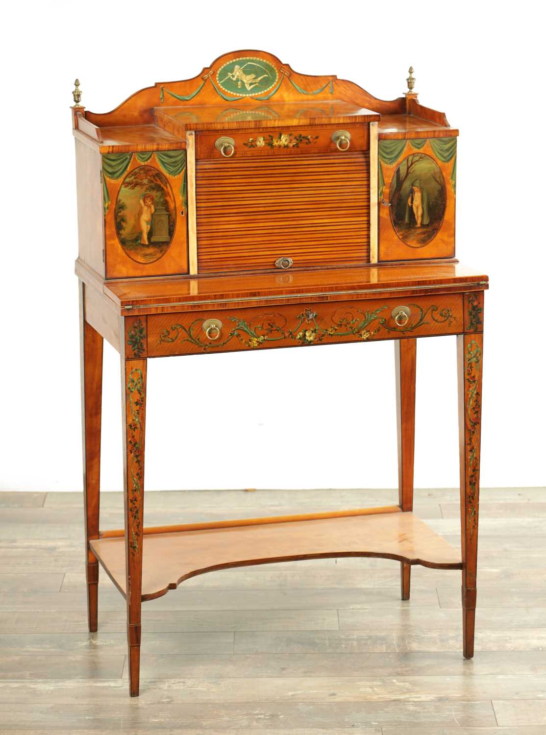 Lot 1735 - A 19TH CENTURY PAINTED SATINWOOD AND HAREWOOD BONHEUR DU JOUR
