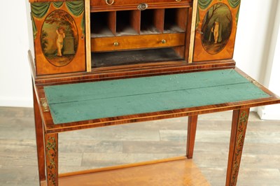 Lot 1735 - A 19TH CENTURY PAINTED SATINWOOD AND HAREWOOD BONHEUR DU JOUR
