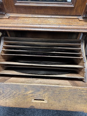Lot 1035 - A RARE AND LARGE LATE 19TH CENTURY OAK CASED KOMET PENNY IN THE SLOT FLOOR STANDING POLYPHON TYPE MUSIC BOX