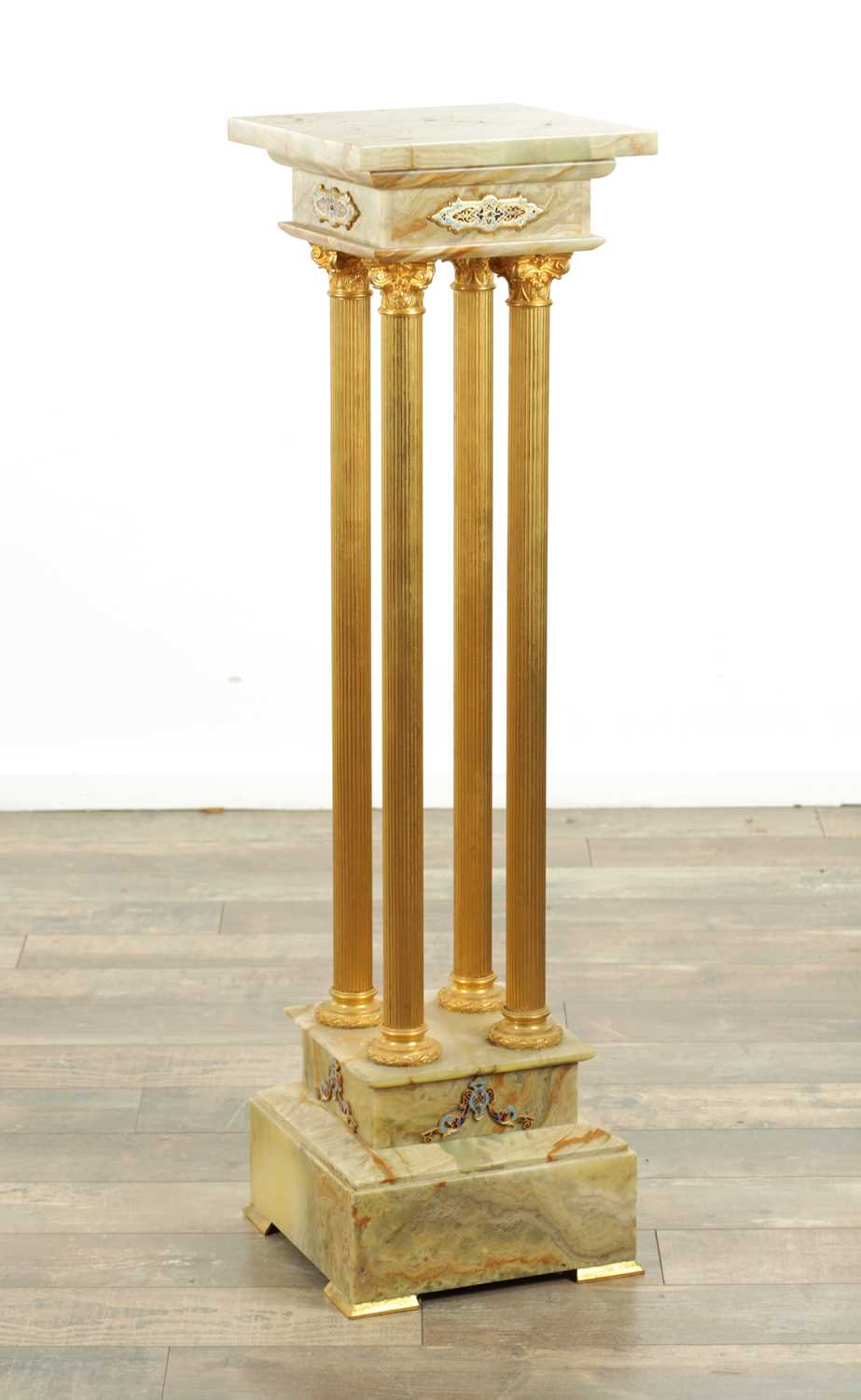 Lot 858 - A LATE 19TH CENTURY ONYX AND CHAMPLEVE ENAMELLED PEDESTAL