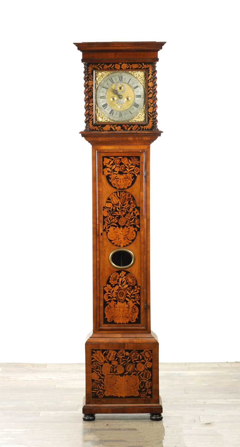 Lot 1552 - W. ANDREWS, LONDON. A LATE 17TH CENTURY PANELLED MARQUETRY AND WALNUT LONGCASE CLOCK