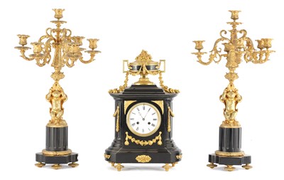 Lot 1528 - A 19TH CENTURY FRENCH ORMOLU MOUNTED MARBLE CLOCK GARNITURE